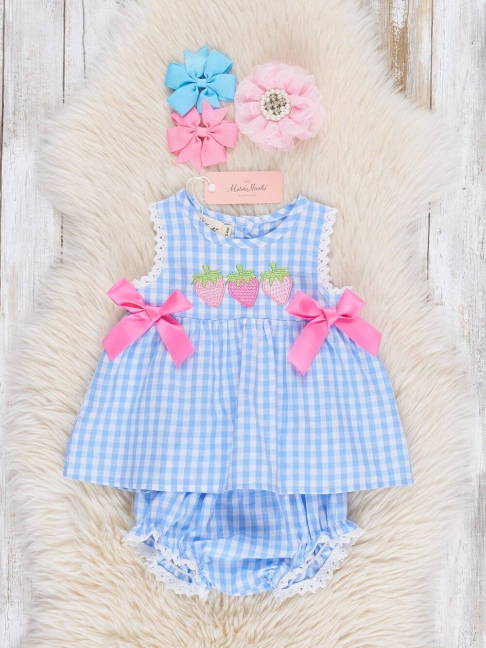 Gingham Embroidered Strawberries Bloomers Outfit